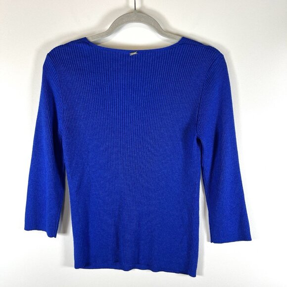 St. John Cobalt Blue Ribbed Knit Sweater Womens Sz M Designer Wool Silk Cashmere - Picture 7 of 10